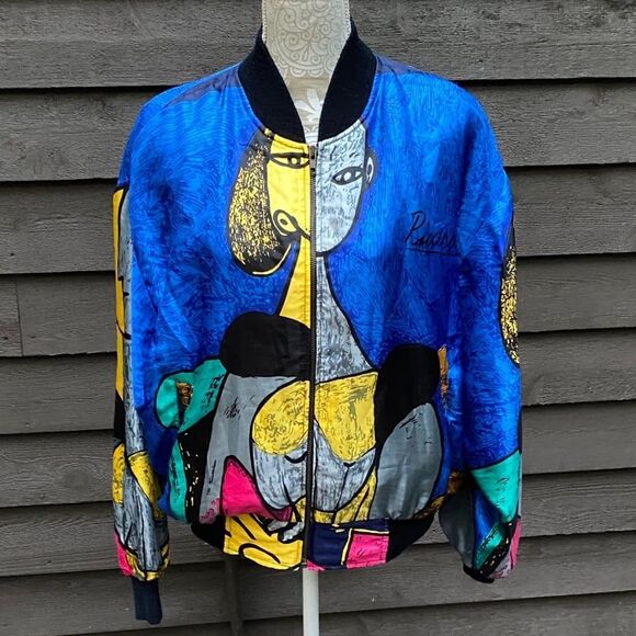 Vtg 90s Exclusively Misook OS Picasso graphic satin bomber jacket wearable art - Picture 7 of 12